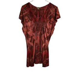 Y2K Energe L Tunic Top Paisley Artsy Eclectic Beaded Valentines 90's